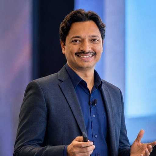 Jaydeep Adesara presenting on stage with a presentation remote